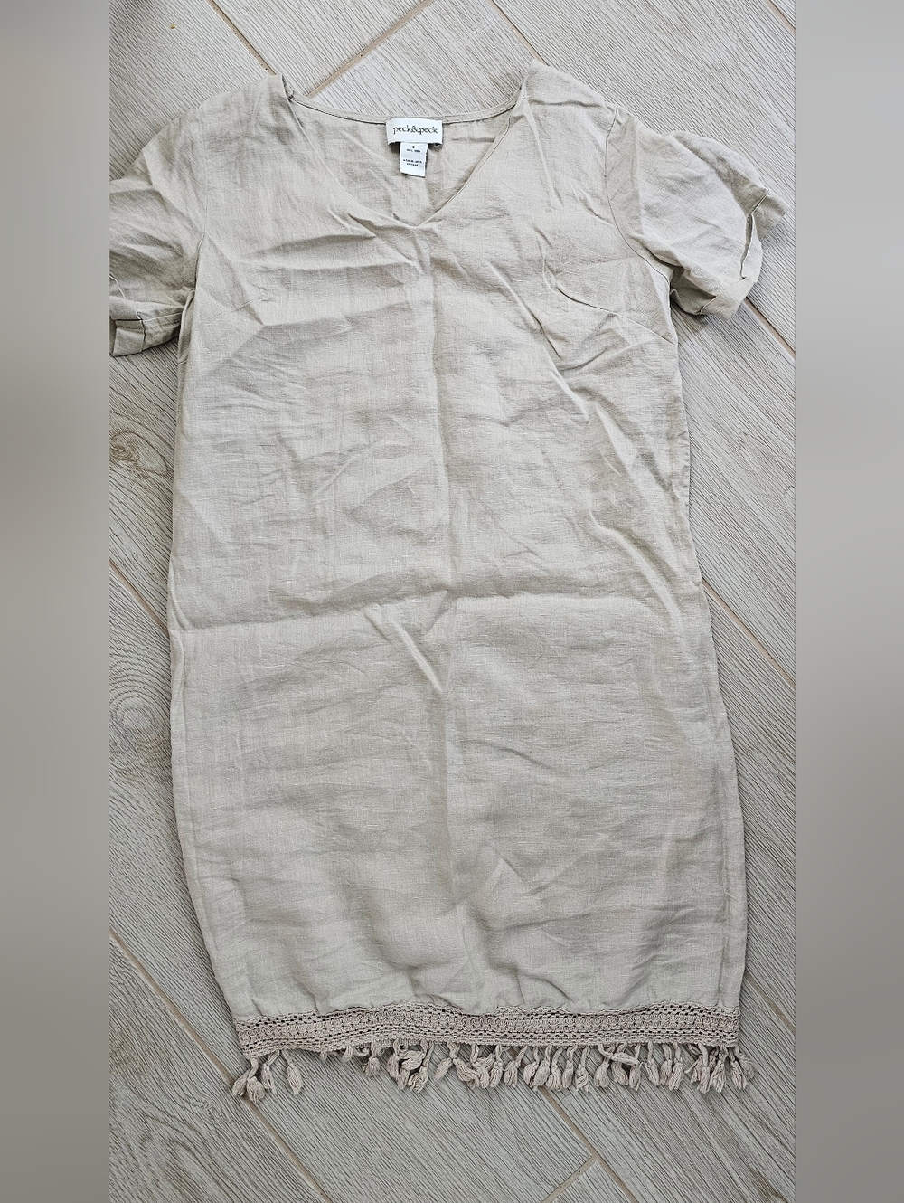 Peck & Peck 100% Linen Shift Dress - Beige - Size S - Crochet Fringe
